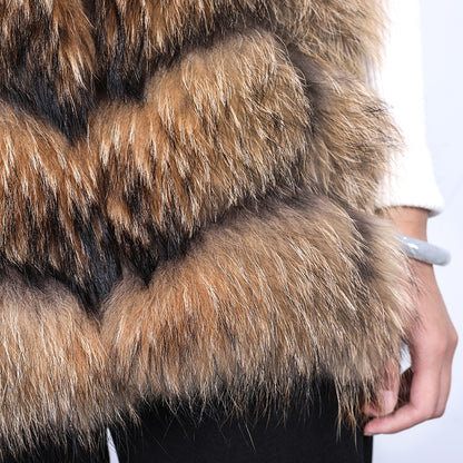 Maomaokong Natural Raccoon Real Fur Coat Ladies Waistcoat Fur Mid-length Winter Warm Real Fur Coat Luxury Women coat Top Vest