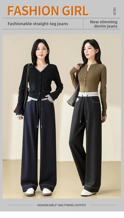 High Waist Straight Leg Jeans Loose Slimming Wide Leg Pants Fashionable Versatile Draping Lengthening Leg Appearances Floor-Leng