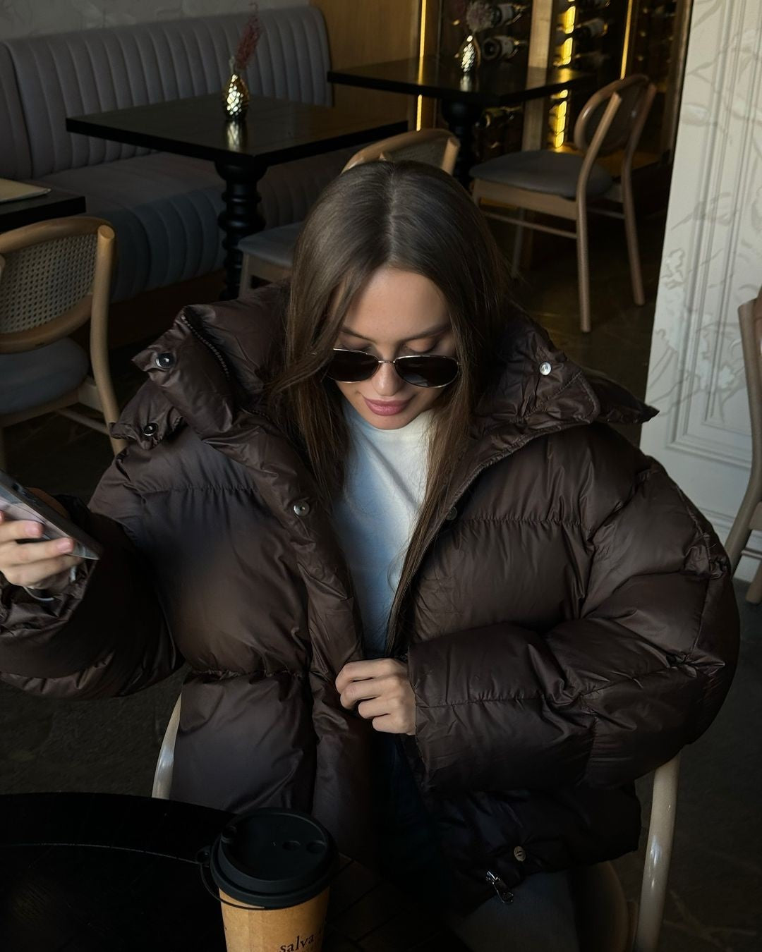 Women Brown Hooded Cotton Coat Fashion Lapel Full Sleeve Zipper Button Warm Loose Short Coats Lady Winter Casual Street Outwear