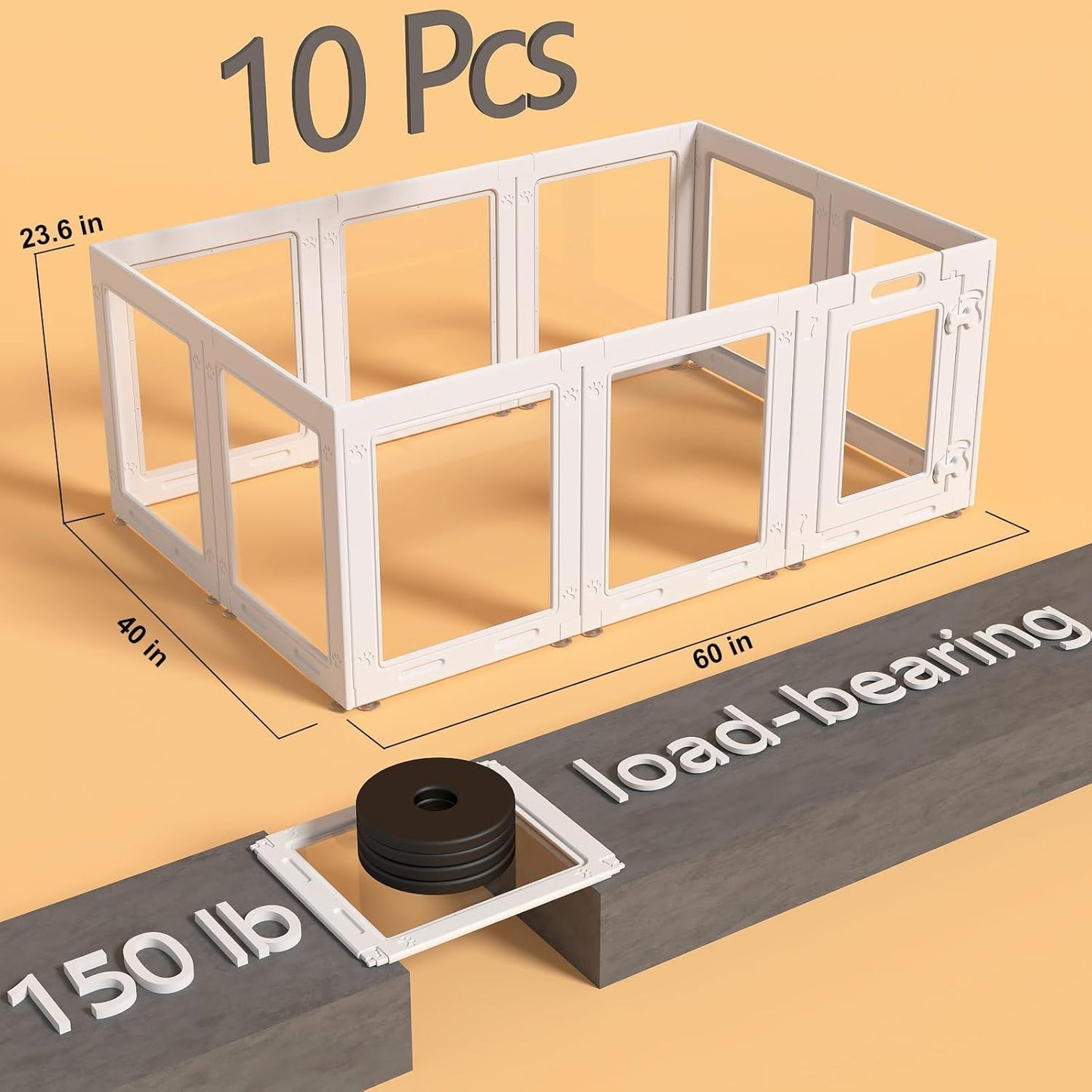 Cercadinho Transparente Acrílico para Filhotes 60cm com Porta, Cerca Interna para Pequenos Cães de 10 Painéis, Fácil de Montar (Branco)