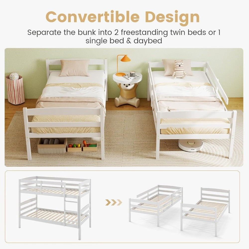 Bunk Bed Twin Over Twin, Solid Wood Detachable Bed Frame with High Guardrails & Integrated Ladder, Wooden Slatted B