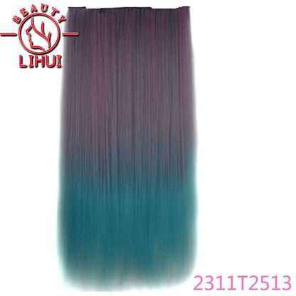 Extensões de cabelo sintéticas com clipe, longas e lisas, com 5 clipes em uma única peça, extensões de cabelo multicoloridas LIHUI