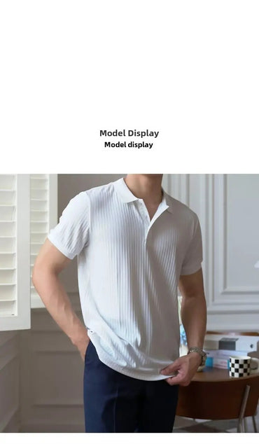 New Summer Trendy Striped Solid Color Short Sleeve Polo Shirt For Men Casual Vintage Versatile Lapel T-shirt Knitted Top