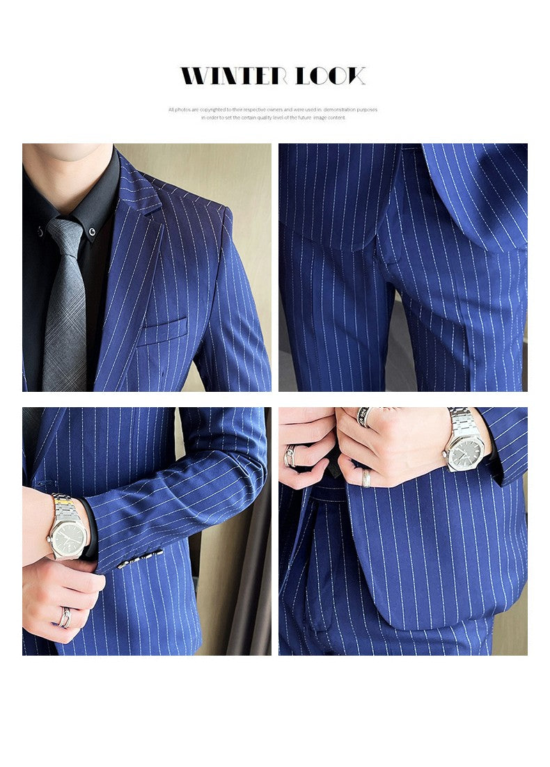 Men's Fashion High-Quality Slim Fit Two-Piece Suit Set Spring Autumn Stripes Business Casual Trousers And Jacket Combo