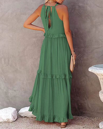 Women Casual Solid Ruffles Long Dress Summer Elegant Sleeveless Sundress Elegant