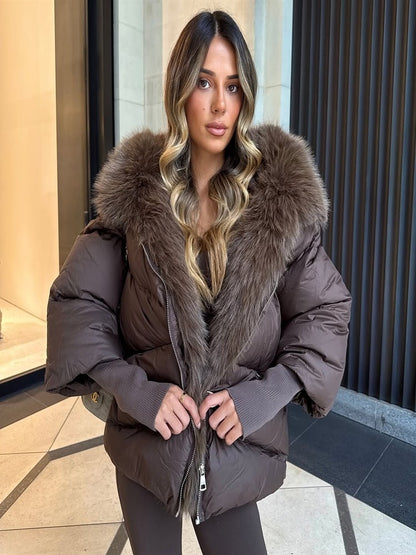 Vintage Women's Fur Coat Elegant Furs Collar Puffer Thicken Full Sleeve Jacket With Furs Female 2025 Autumn Winter Woman Coats