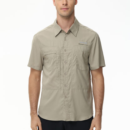 Summer Men's UPF 50+ Fishing Shirts, Casual Breathable Short Sleeve Cargo Fishing Shirt, Button Down Tactical Shirts Blouse