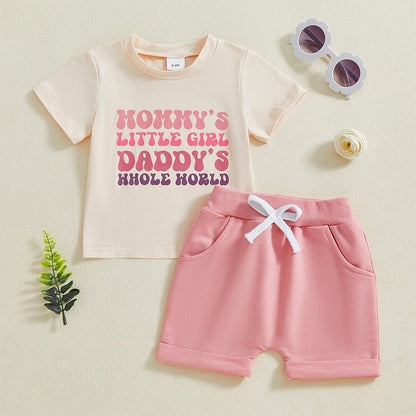 Adorable Infant Girl Casual Wear Set with Cute Printed Tee and Matching Solid Color Shorts for Summer Fun