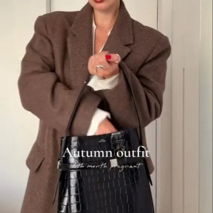 Women Shoulder Pad Wool Long Coats Fashion Lapel Single-breasted Long Sleeve Coat Chic 2025 Autumn Lady Commute Street Outerwear