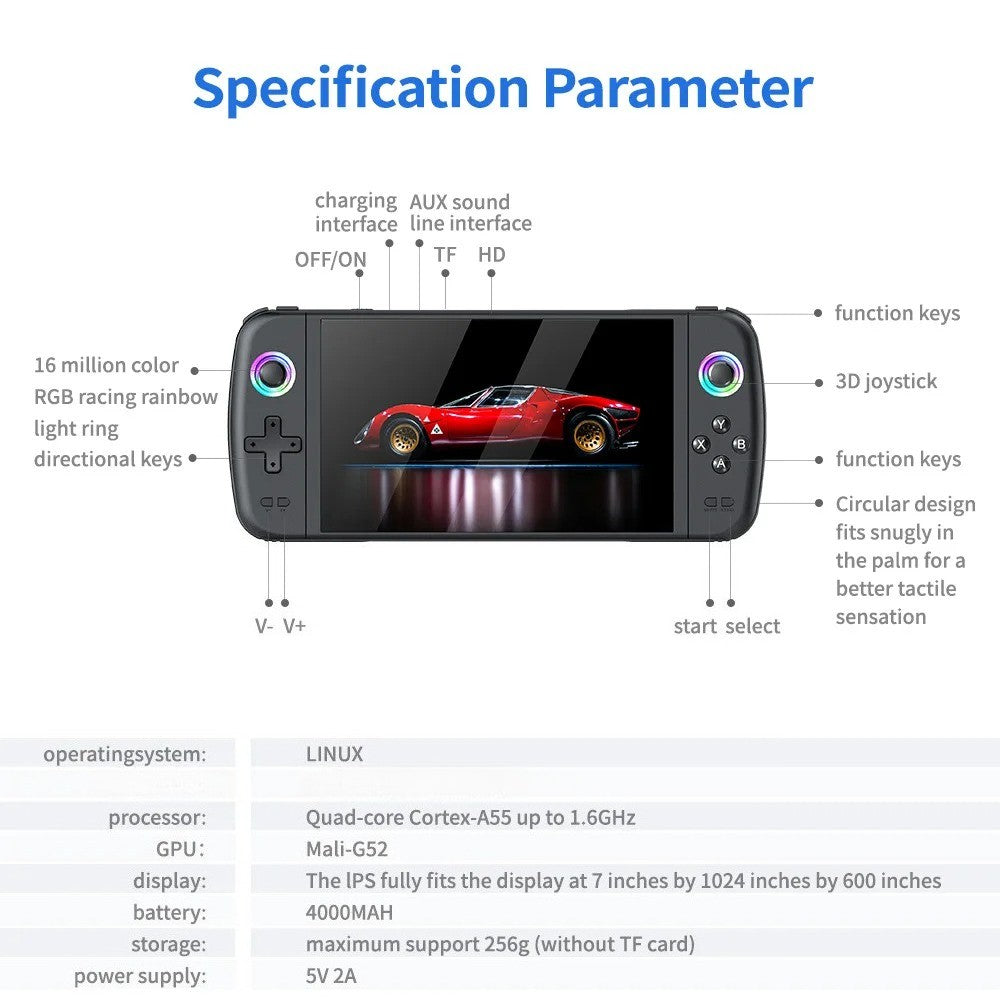 M27 Portable Retro Handheld Game Console 7 Inch IPS Handheld Video Game Player, Open Source Game Device Support Multiple Systems