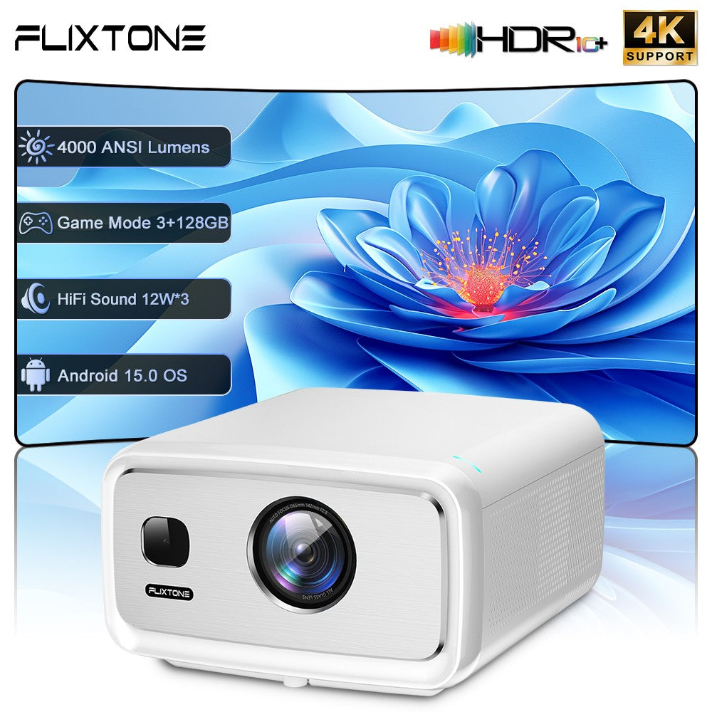 Projetor Flixtone 4000 Ansi Full HD 4k D10S 3G 128G Beam Projetores Home Theater Vídeo Android 15 Samrt TV Beamer para Filmes
