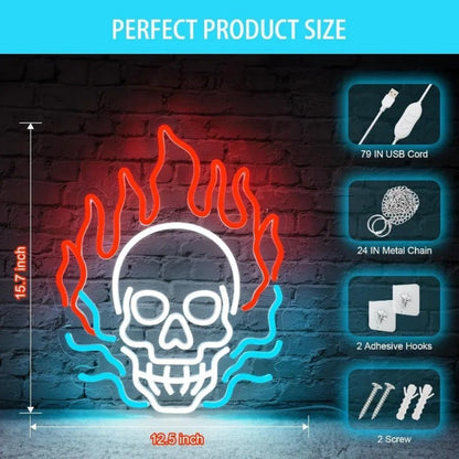 Paredes de Neon Chama de Crânio Decoradas com LEDs de Halloween Reguláveis, Alimentadas por USB, Decorações de Festa de Halloween para Caverna Masculina, Bar, Clube, Sala de Jogos