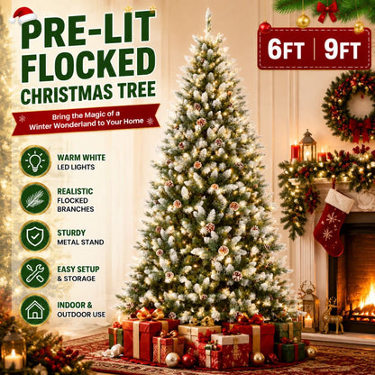 Pre-Lit Flocked Artificial Christmas Tree 6‘/9’ with Warm White LED Lights, Realistic Pine Branches, Snow Covered Xmas Tree, Slim Space Saving Design, Sturdy Metal Stand, Indoor Outdoor Holiday Decoration
