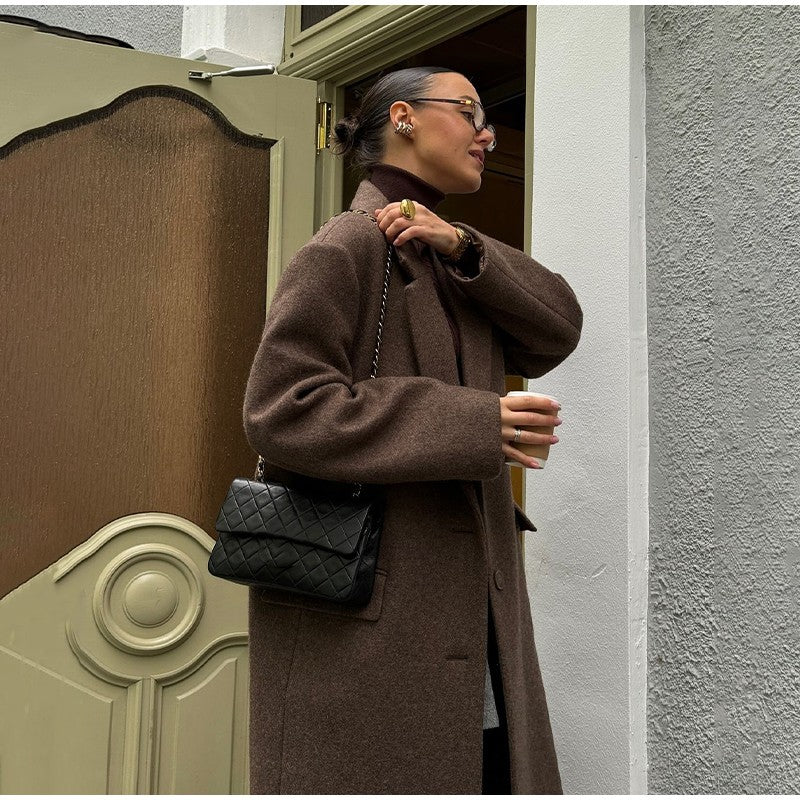 Women Elegant Shoulder Pad Wool Blend Overcoat Brown Lapel Single-breasted Long Sleeve Coat 2025 Autumn Lady Commuter Outerwear