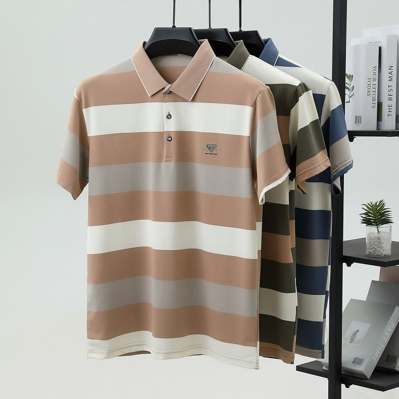 luxury wide stripe color blocked short sleeve polo shirt high-end brand letter embossed T-shirt fashion breathable men's wear