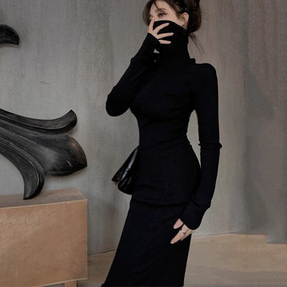 Sexy Black Turtleneck Knitted Bodycon Dress Women Autumn Winter Long Sleeve Sweater Dress Woman Korean Bottoming Long Dresses