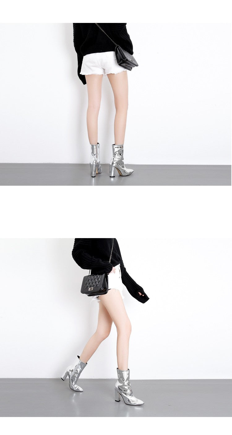 Aneikeh 2025 Spring Fashion Silver Patent Leather Women Ankle Boots Pointed Toe Square High Heels Shoes Chelsea Botas De Mujer