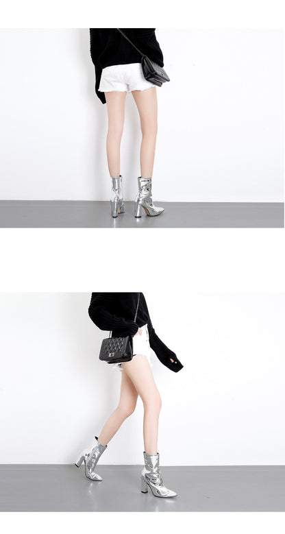 Aneikeh 2025 Spring Fashion Silver Patent Leather Women Ankle Boots Pointed Toe Square High Heels Shoes Chelsea Botas De Mujer