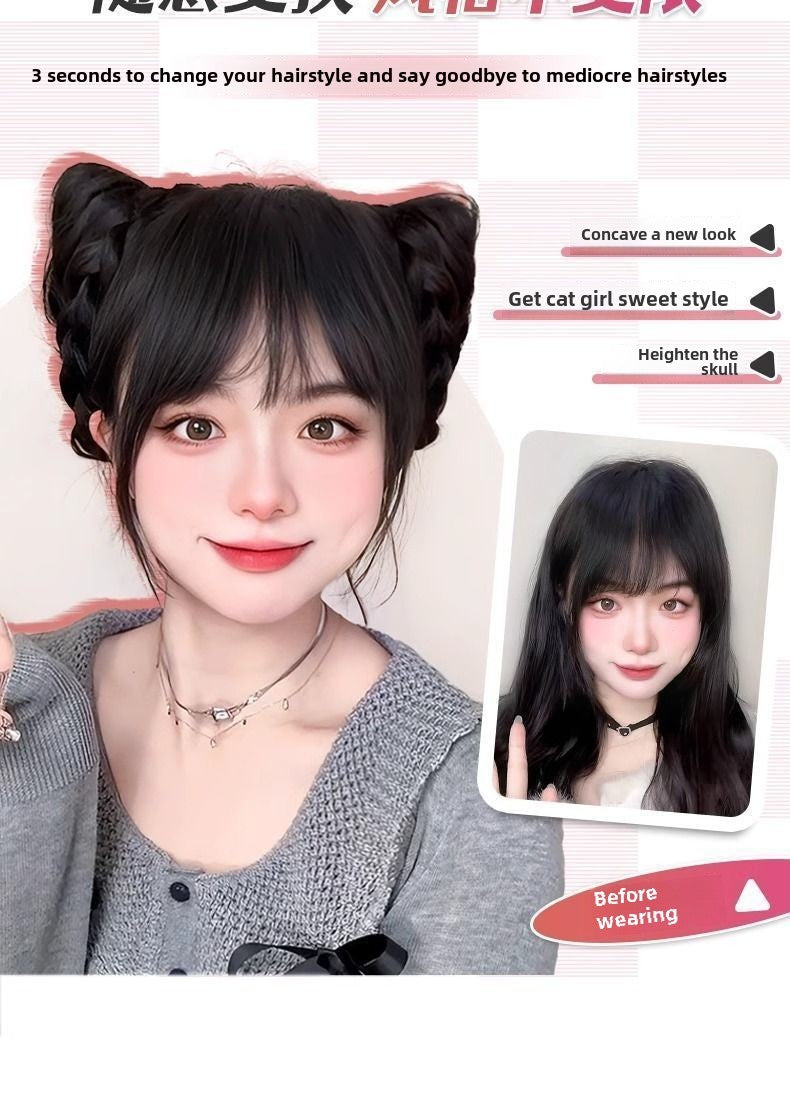 Cat Ear Wig Claw Clip Bun Hairpiece Cute Double Bun Hair Accessory Updo Flower Bun Synthetic Wig