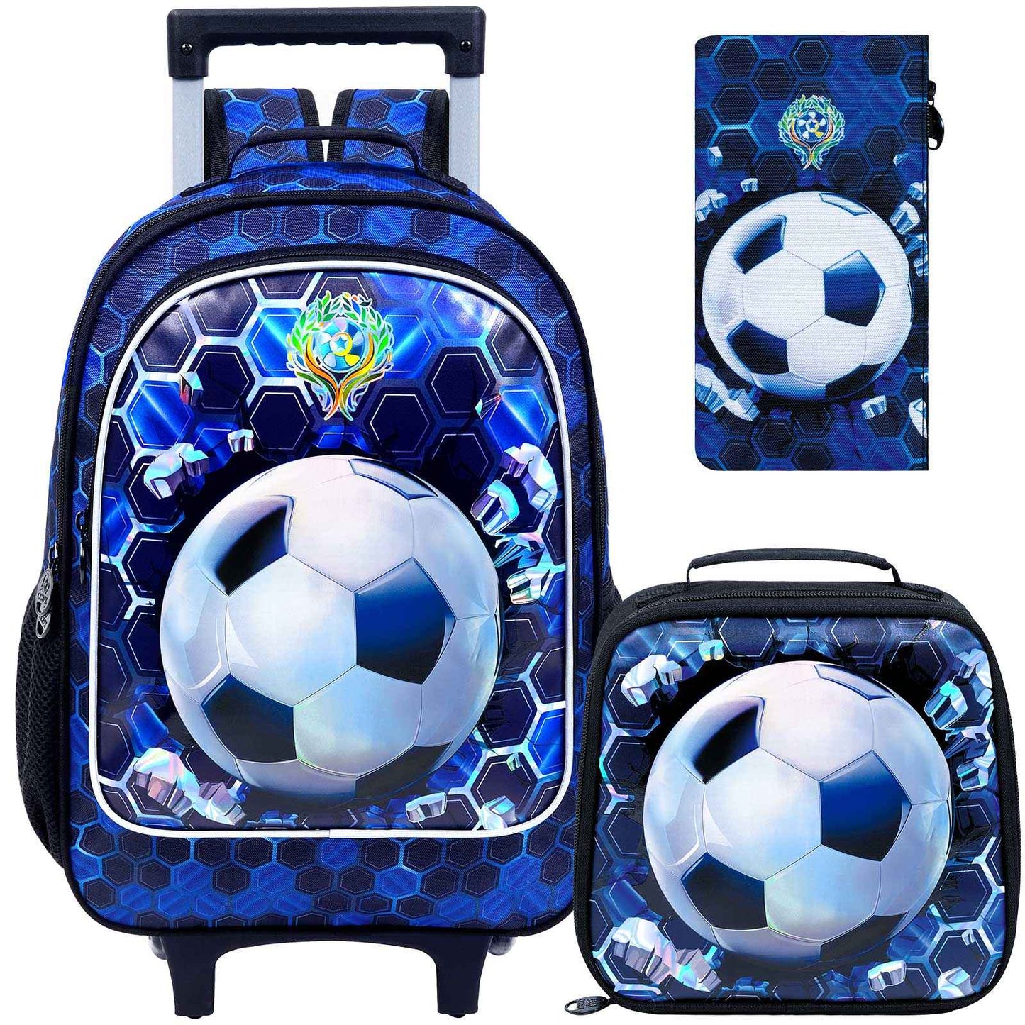 Mochila de Rodinhas para Meninos, Mochila Escolar com Rodas - Mochila Escolar Primária com Rodas - Kit Mochila de Futebol 3 Peças