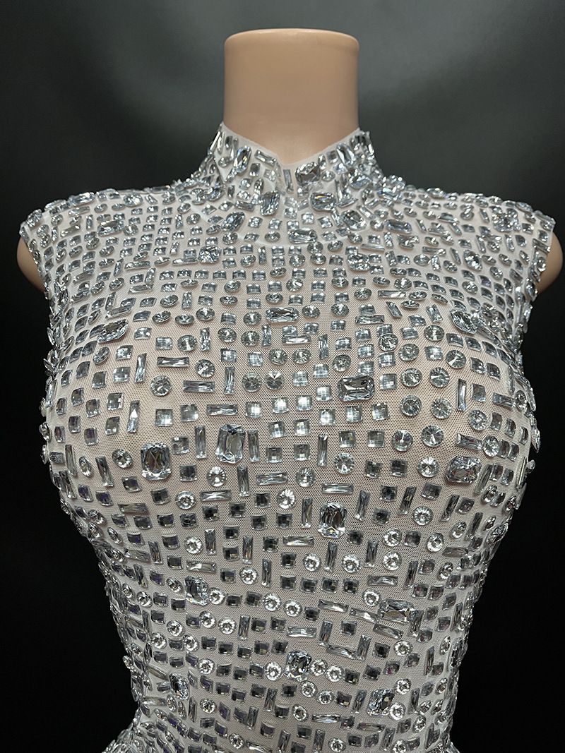 Sexy Full Drill Elastic Slim Fit Sleeveless Long Dress - Hip Wrap, For Host Stage Catwalk & Engagement Evening High-Slit Dresses