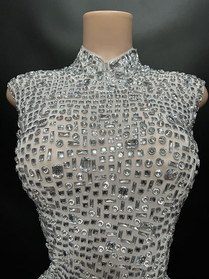 Sexy Full Drill Elastic Slim Fit Sleeveless Long Dress - Hip Wrap, For Host Stage Catwalk & Engagement Evening High-Slit Dresses