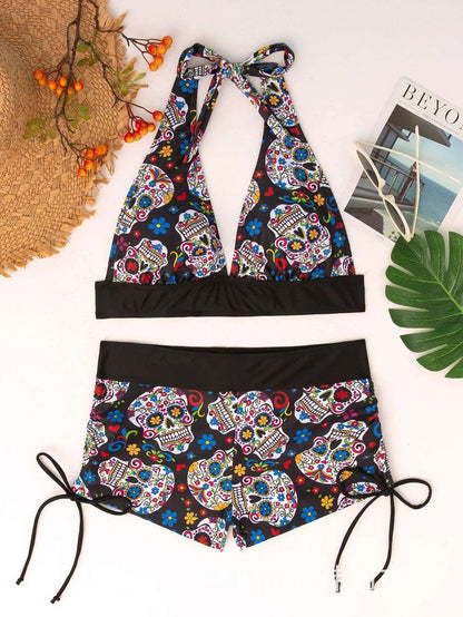 Conservative Skull Print Bikini Women's Swimsuit Flat Briefs New Arrival Swimwear from Mainland China Female Fashionable