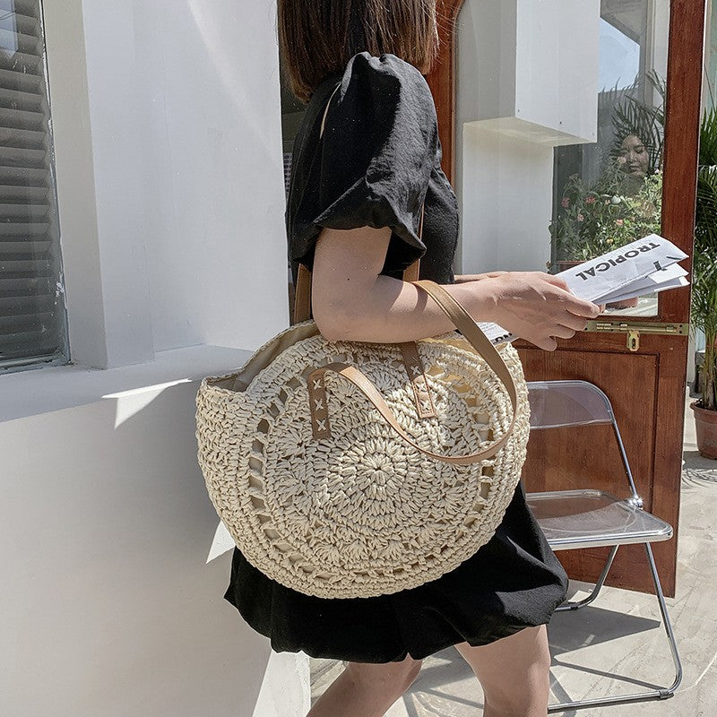 Summer Round Straw Bags for Women Rattan Shoulder Bag Travel Handmade Woven Beach Handbags Female Large Capacity Totes Bag