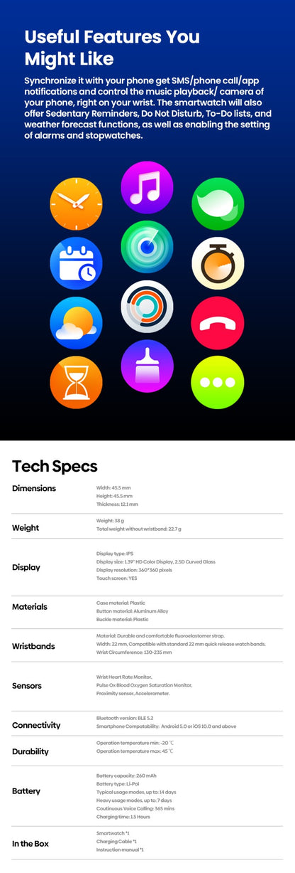 New Zeblaze Btalk 3 Plus Voice Calling Smartwatch 1.39'' Large HD Color Display Health Monitoring Sports Smart Watch