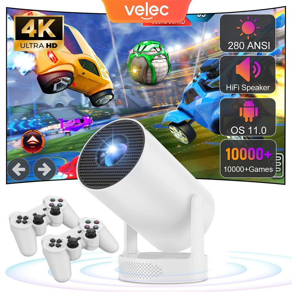 Projetor de Jogos Velec HY300 Pro HiFi 2 EM 1 Chip Profissional Projetor Android Com 2 Controles de Jogo Sem Fio 20000+ Jogos