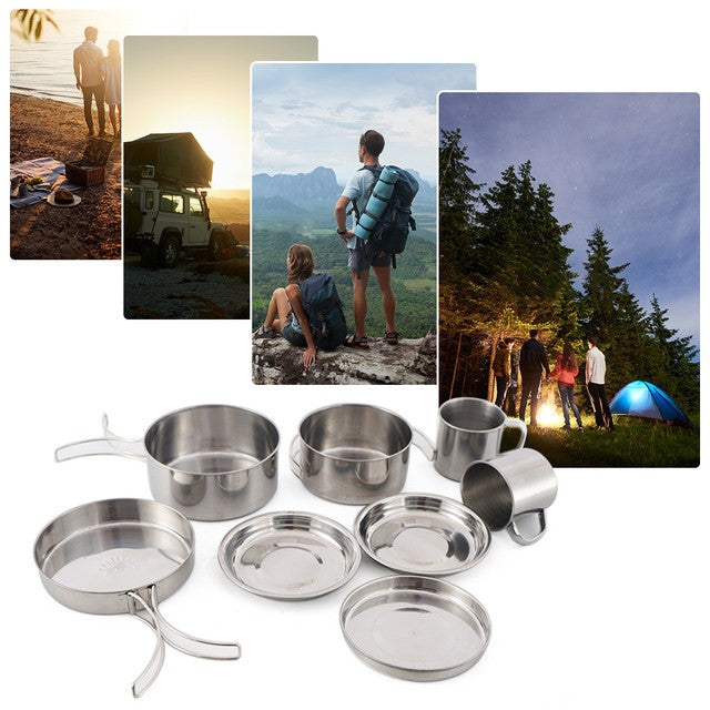 Conjunto de 8 Peças de Panelas de Acampamento em Aço Inoxidável com Panelas e Frigideiras, Pratos e Copos para Caminhadas e Mochilão ao Ar Livre