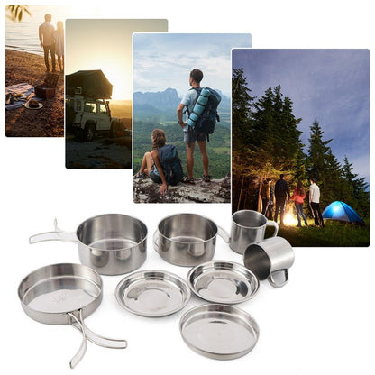 Conjunto de 8 Peças de Panelas de Acampamento em Aço Inoxidável com Panelas e Frigideiras, Pratos e Copos para Caminhadas e Mochilão ao Ar Livre