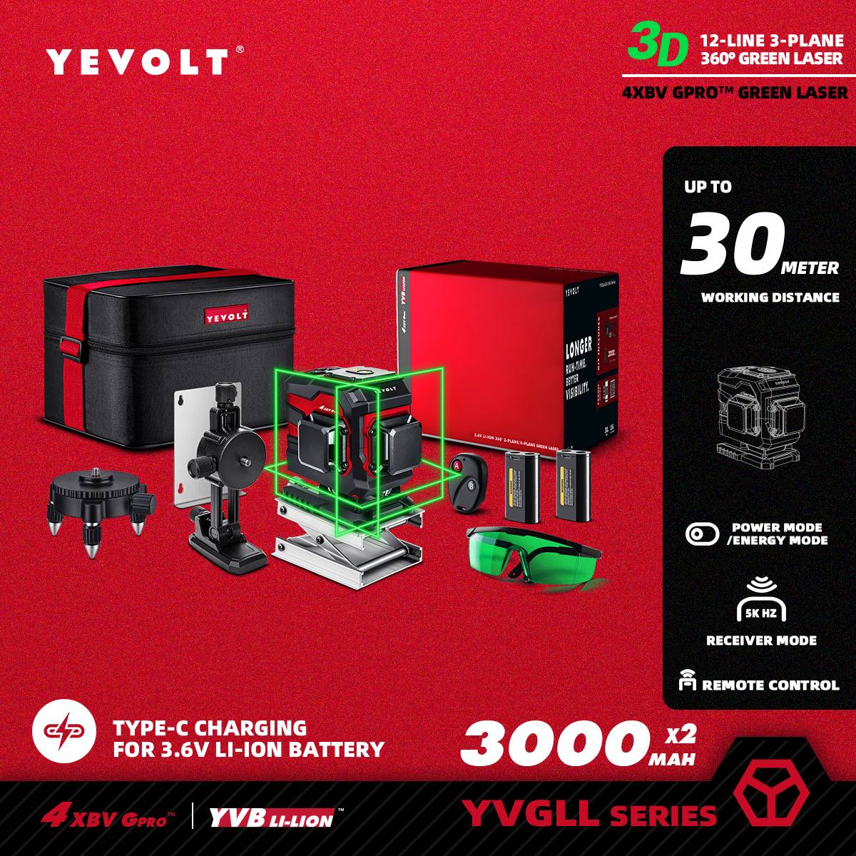 Nível a Laser Verde YEVOLT YVGLL4XS-Series 3/4 Planos 12/16 Linhas Autonivelante 360 3D/4D Horizontal e Vertical Ferramenta de Medição de Energia