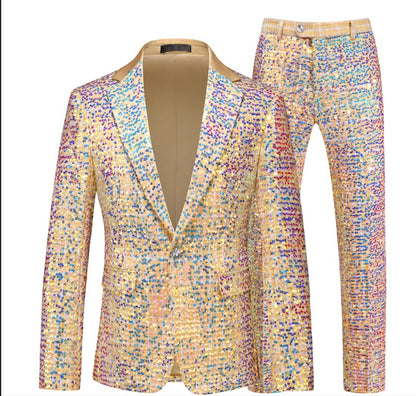 High-quality Sequined Suits Men Clothing Gold / Silver Autumn / Winter New Male Wedding Banquet Party Dress Blazer and Pant