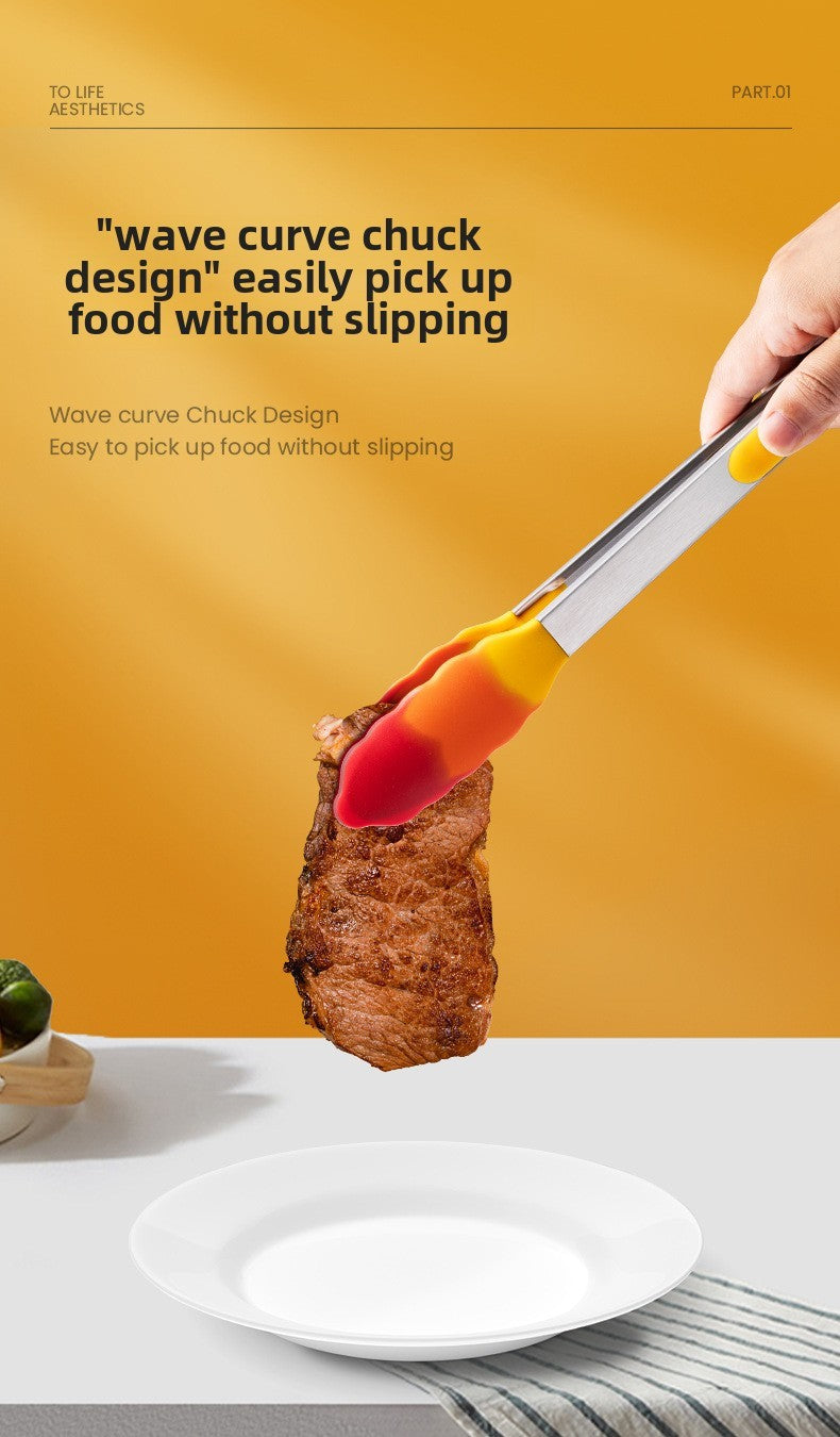 Heat-resistant silicone food tongs kitchen tool stainless steel food tongs anti-scald steak tongs barbecue tongs bread tongs