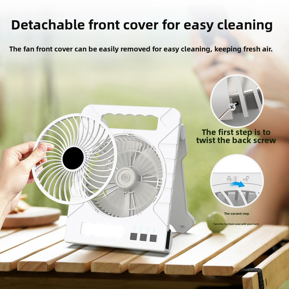 Powered Camping Solar Fan - Portable Rechargeable Handheld Fan with LED Light, Power Bank for Outdoor, Fishing, and Wild Camping