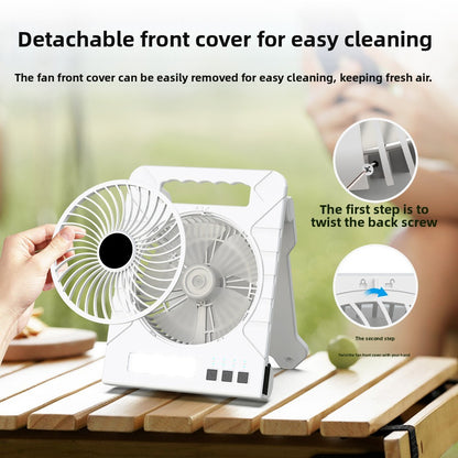 Powered Camping Solar Fan - Portable Rechargeable Handheld Fan with LED Light, Power Bank for Outdoor, Fishing, and Wild Camping
