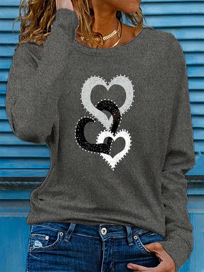 100% pure cotton women's spring and autumn loose comfortable casual heart-shaped graphic printed long sleeved round neck T-shirt