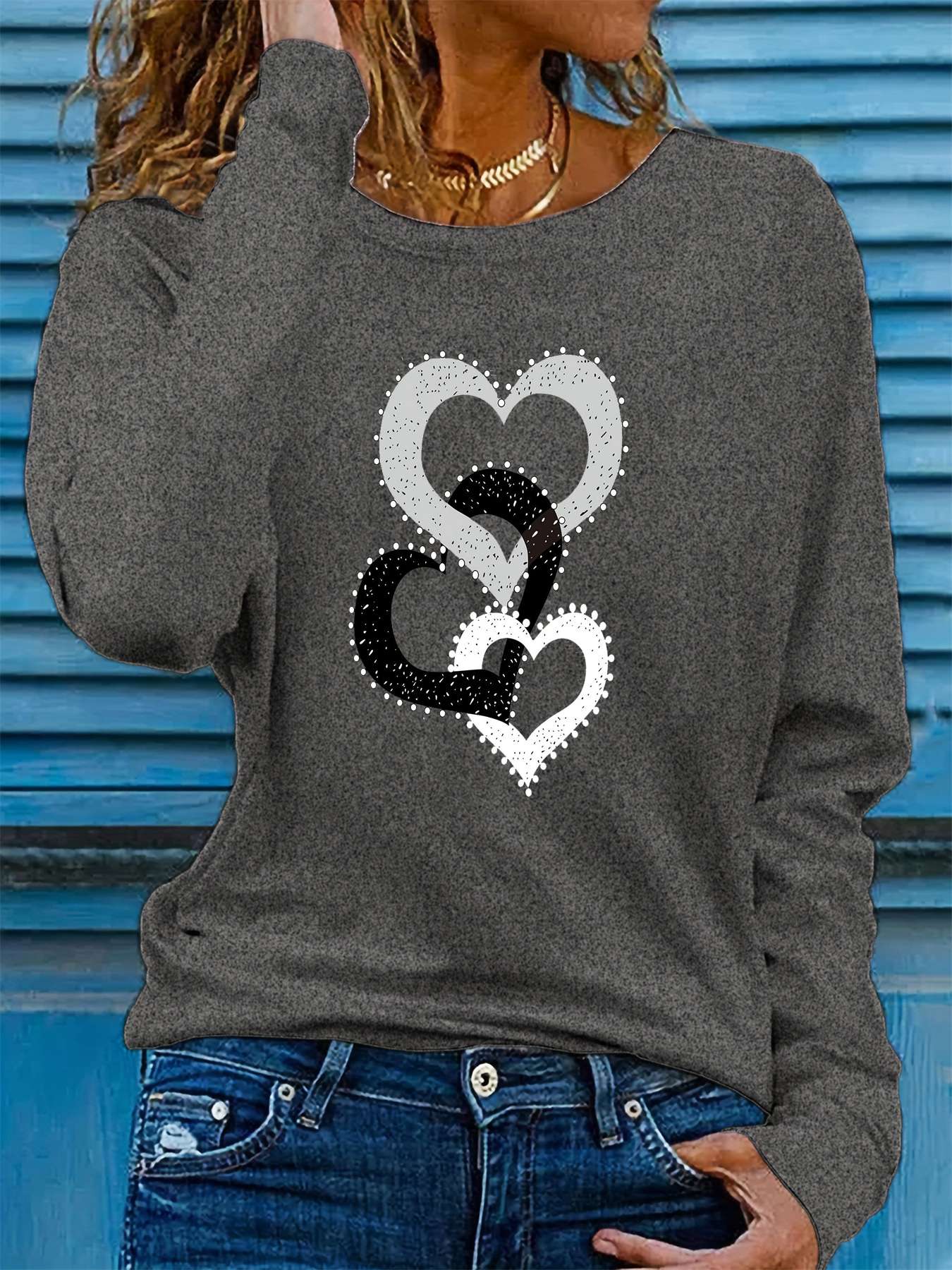 100% pure cotton women's spring and autumn loose comfortable casual heart-shaped graphic printed long sleeved round neck T-shirt