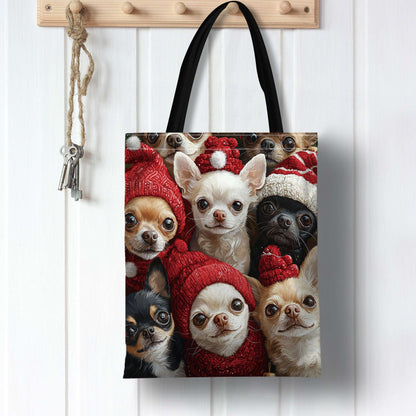 1pc Chihuahua Print Polyester Tote Bag, Durable Reusable Shopping Shoulder Bag with Cute Animal Design