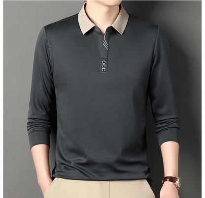 New Men's Long-sleeved Polo Shirt Sweatwear Business Casual Top Fashion Classic Solid Color Male Brand Basic V-neck Top
