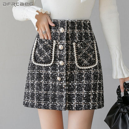 High Waist Single Breasted Women's Tweed Pencil Skirt With Pocket Autumn Winter Plaid Retro Woolen Short Skirts Female