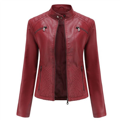 2025 Autumn Women's Black Moto Biker Zipper Jacket, Red Apricot Coffee PU Coat, Light Purple Outerwear.