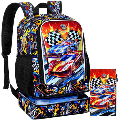 Mochila 2 em 1 de Carro de Corrida para Meninos, Mochila Escolar Infantil de 17 polegadas com Lancheira Térmica, Mochilas Escolares para Ensino Fundamental e Pré-escola