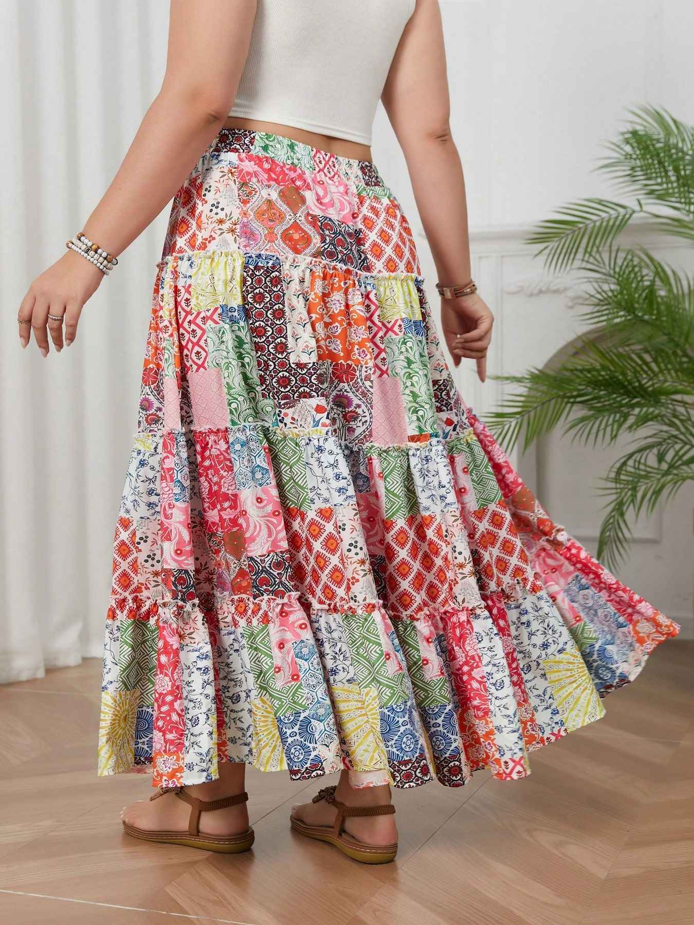 Plus size women's printed holiday style skirt spliced A-line skirt