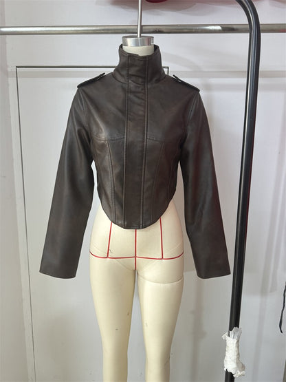 Vintage Women's Cropped Faux Leather Jacket Stand Collar Balloon Sleeve Biker Style PU Leather Coat Streetwear Fashion Outfit