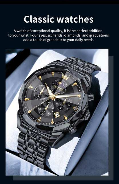 OLEVS Original Fashion Moon Phase Men's Watches Waterproof Chronograph Quartz Watch Stainless steel Calendar Brand Wristwatch