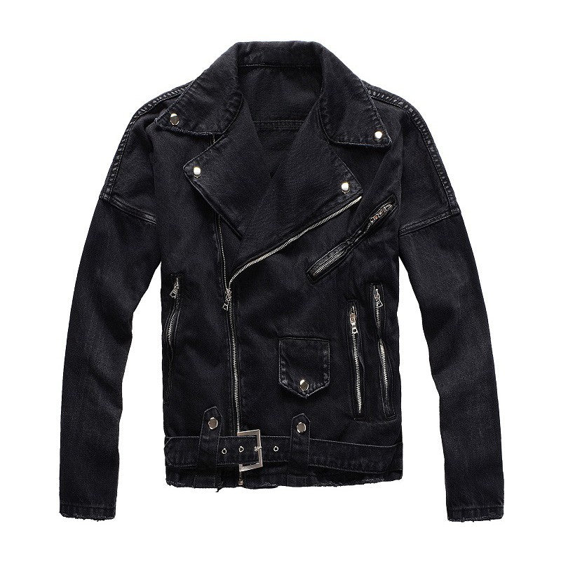 Sokotoo Men's zippers black biker jean jacket Streetwear thick denim slim coat with belt High quality