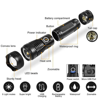 High Power Rechargeable LED Tactical Flashlight Aluminum Alloy Super Bright Telescopic Zoom Torch Lamp Outdoor Camping Fishing