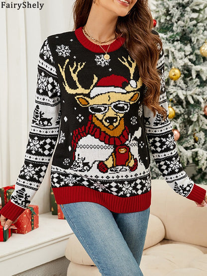 Fairyshely 2026 Winter Casual Print Knitted Sweater Women O Neck Christmas Knit Pullover Top Ladies Long Sleeve Loose Jumper